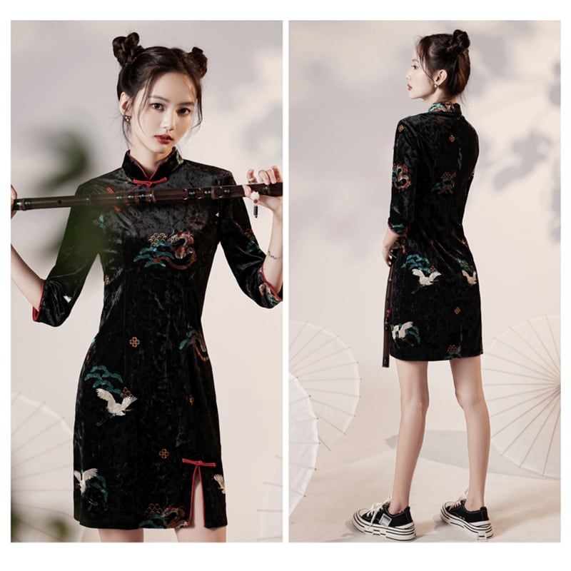 [YUEQIAO Series]★Cheongsam dress★Short length crane velvet Chinese style dress slimming