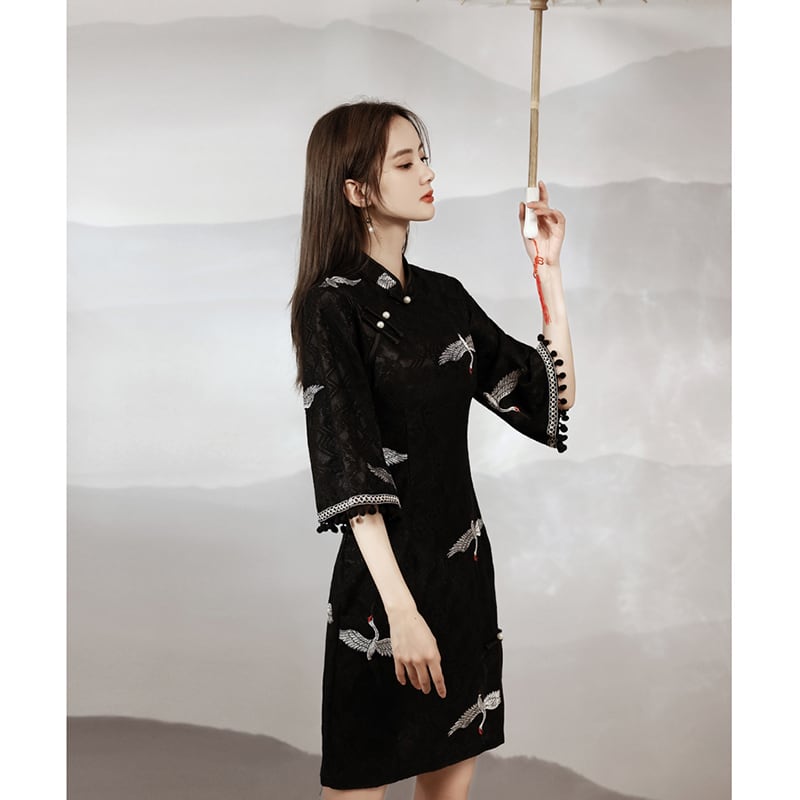 [YUEQIAO Series]★China Dress★ 2color Short Length Chinese Style Dress Crane Lace Chinese Clothes Black Black