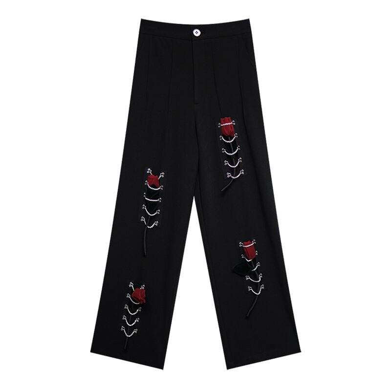 [chicsky---Kurono Series] ★Casual Pants★ Bottoms Black Black Chain Rose SML Slimming Wear