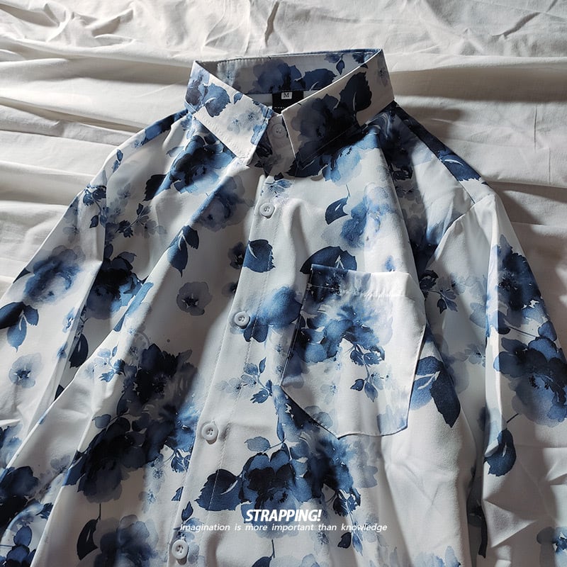 [STRAPPING Series]★Shirt★ 2color Tops Print Unisex Men's Spring Clothes Autumn Clothes Thin Floral Pattern Blue White