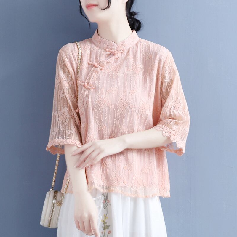 [Qing Series]★Chinese style shirt★ 4 colors lace Chinese clothes stand neck easy to match summer simple