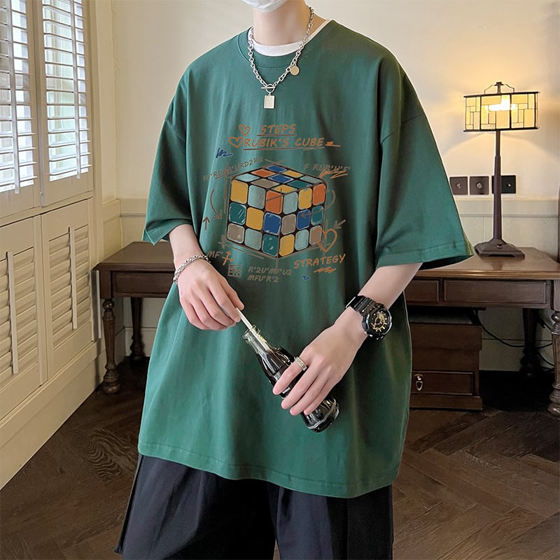 [V37 Series]★T-shirt★ Tops 7color Unisex Men's Large Size Rubik's Cube Pattern