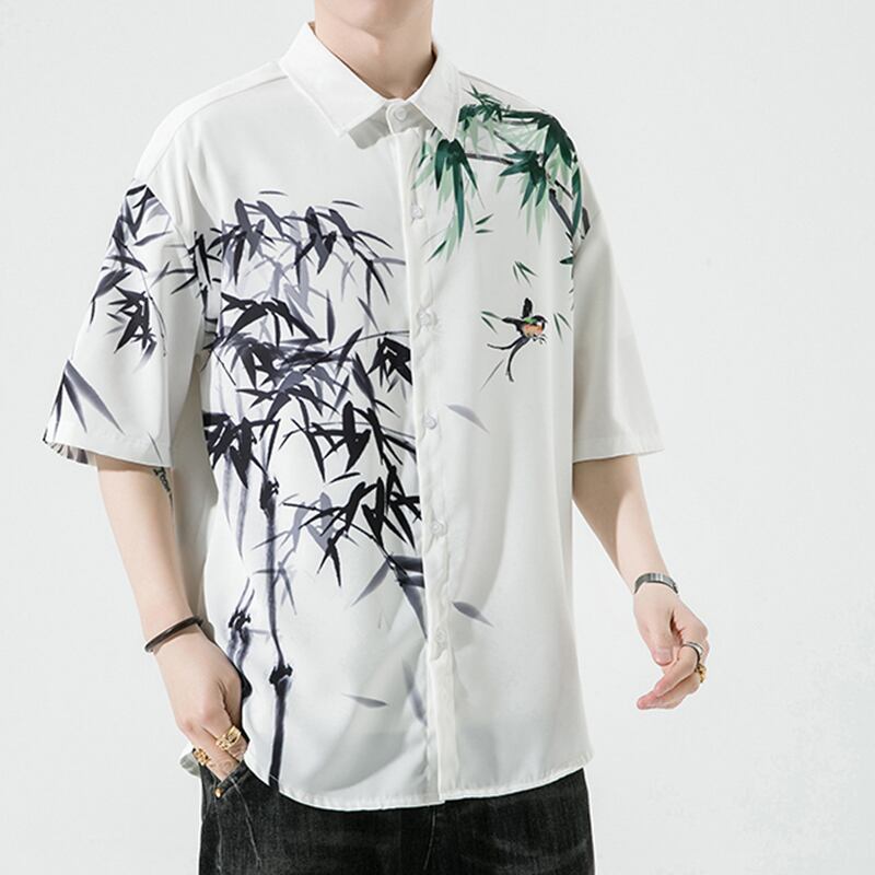 [MOWENZHAI Series] ★Chinese style shirt★ Tops, unisex, men's, bamboo print, large size, cool, Chinese clothing