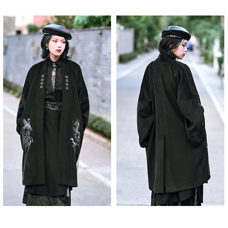 [Kokaisha---Hoshiyado Series] ★China style coat★ Rasha coat long coat embroidery original black black