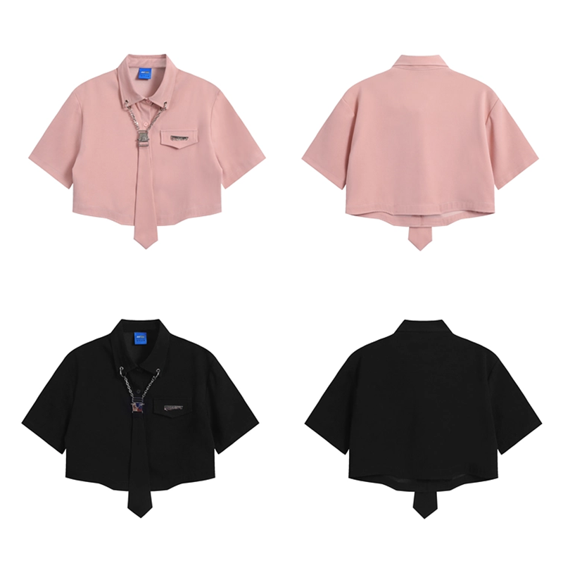 [Escaped Earth Series] ★Shirt with tie★ 2color tops SML black pink mini length unique