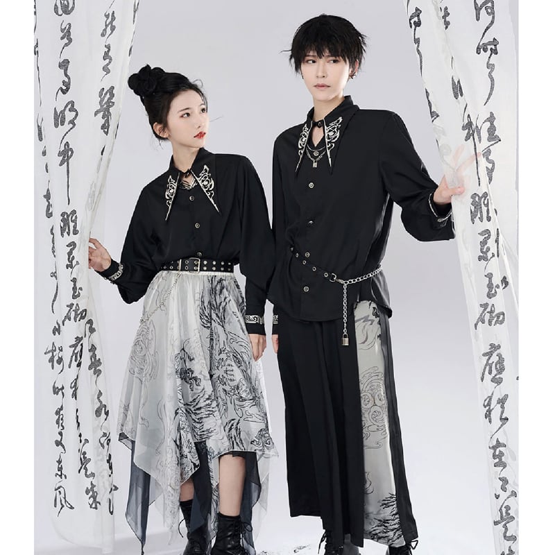 [Kyodo Series]★China style shirt★2color tops embroidery unisex black white black white easy to match