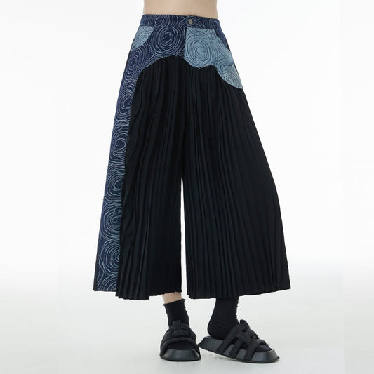 [YIDAO Series] ★Casual Pants★ 2color Print Switching Gaucho Pants Trousers Slimming Fashion