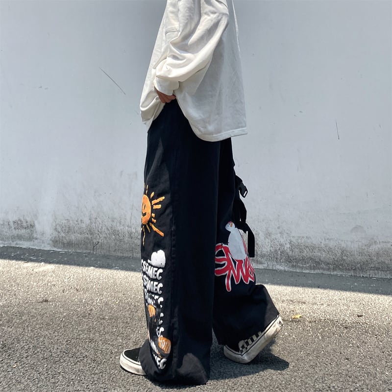 [ulzzang series]★Pants★ Wide pants denim pants black men's sun balloon graffiti cool bright