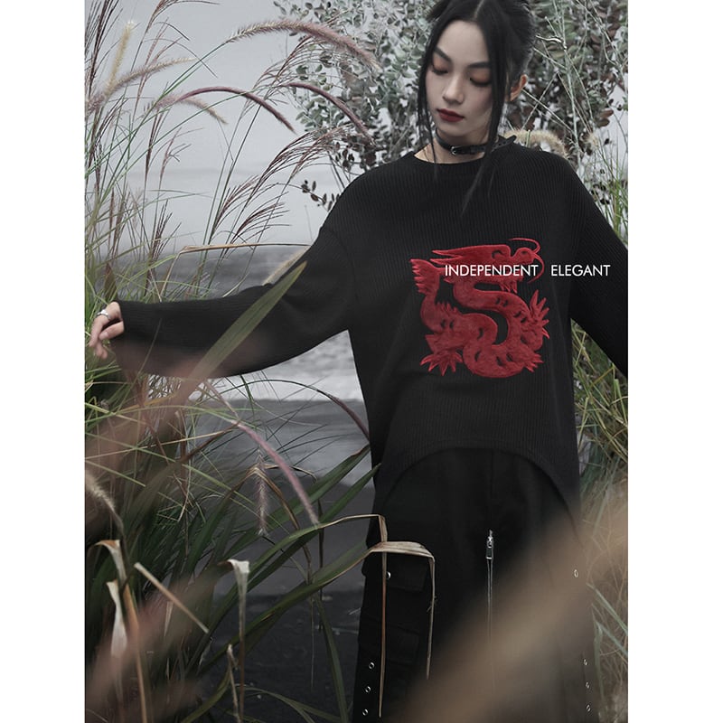 [Big Blue Dragon Series] ★Chinese style sweater★ Knit tops Dragon crest Chinese clothing Black Black Irregular