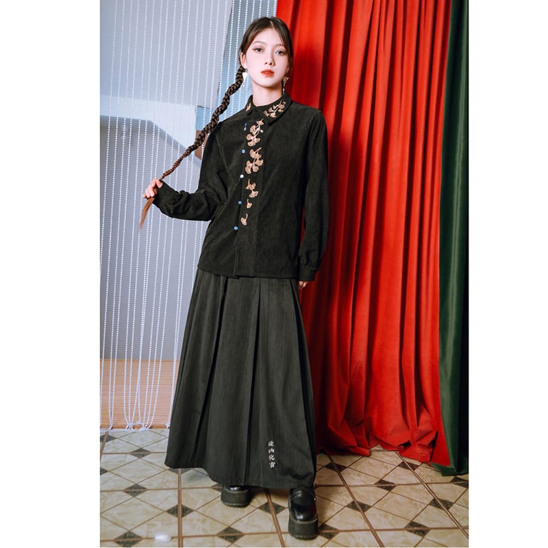 [Kokaisha --- Leaf Series] ★Chinese style tops★ Embroidery Hanfu tops Corduroy Thick Autumn/Winter Clothes Retro Black