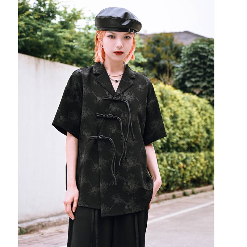 [Ancient monsters --- Ink series] ★China style shirt★ Tops Short sleeve shirt Black Black China button