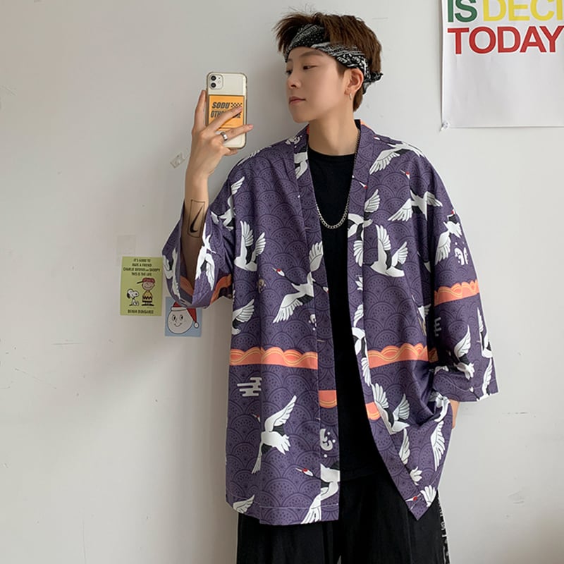 [PINZHI Series]★Happi coat★ 2color Thin Crane Unisex Men's Print Large Size Yellow Cool Fireworks Festival Festival