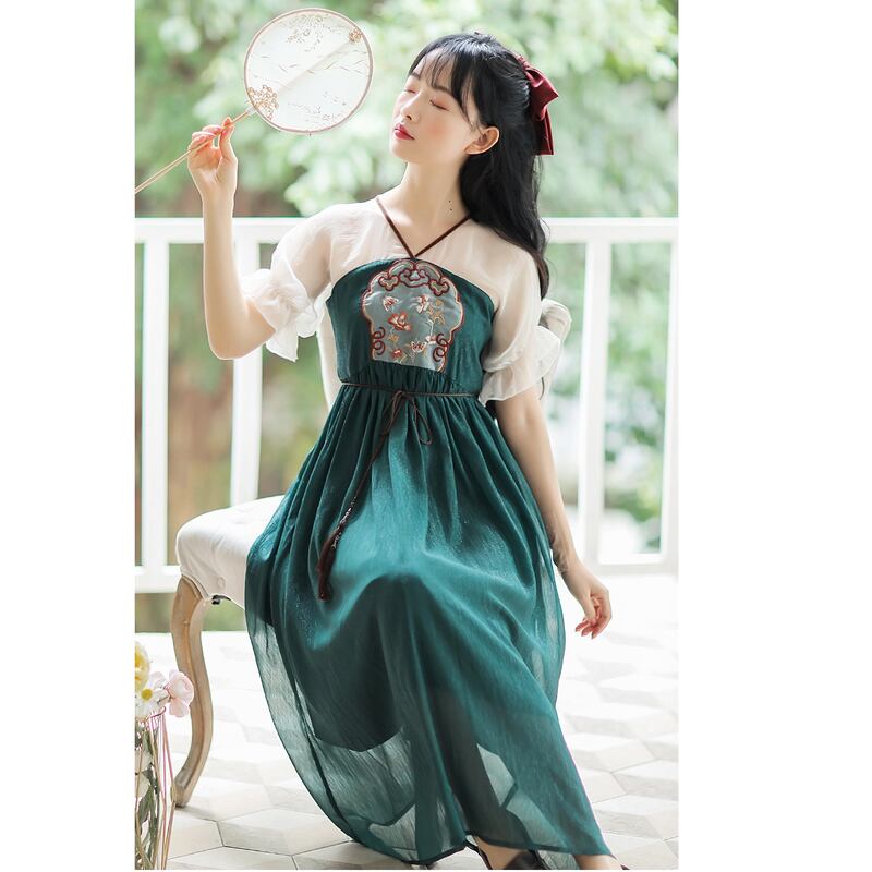 [Shogunsho series]★Hanfu dress★ Embroidery Casual wear Chiffon V-neck Green Green Coming-of-age ceremony SML XL Green Green