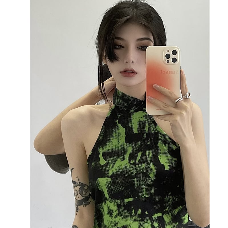 [Style Series] ★China style tops★ Camisole Tank Top Tie-dyed Easy to match Slimming Green Green