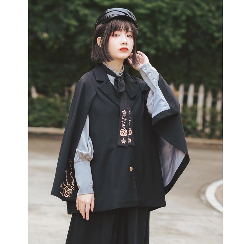 [Kokaisha---Mou Series] ★Chinese-style outerwear★ Cloak, embroidered, fashionable, black, ML, original, slimming