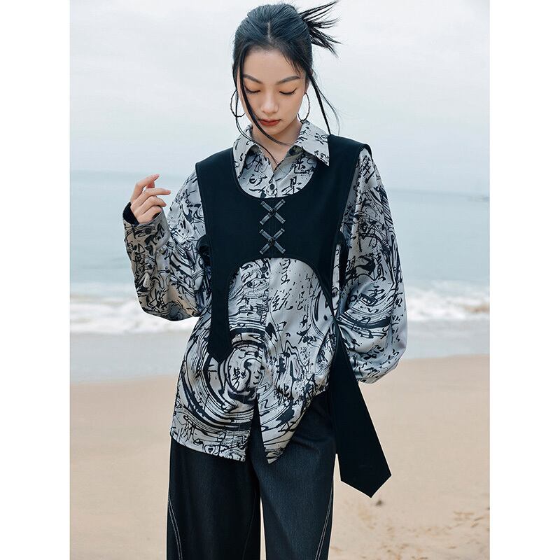 [Big Blue Dragon Series] ★China style shirt★ Tops Satin original letter pattern Easy to match long sleeve shirt