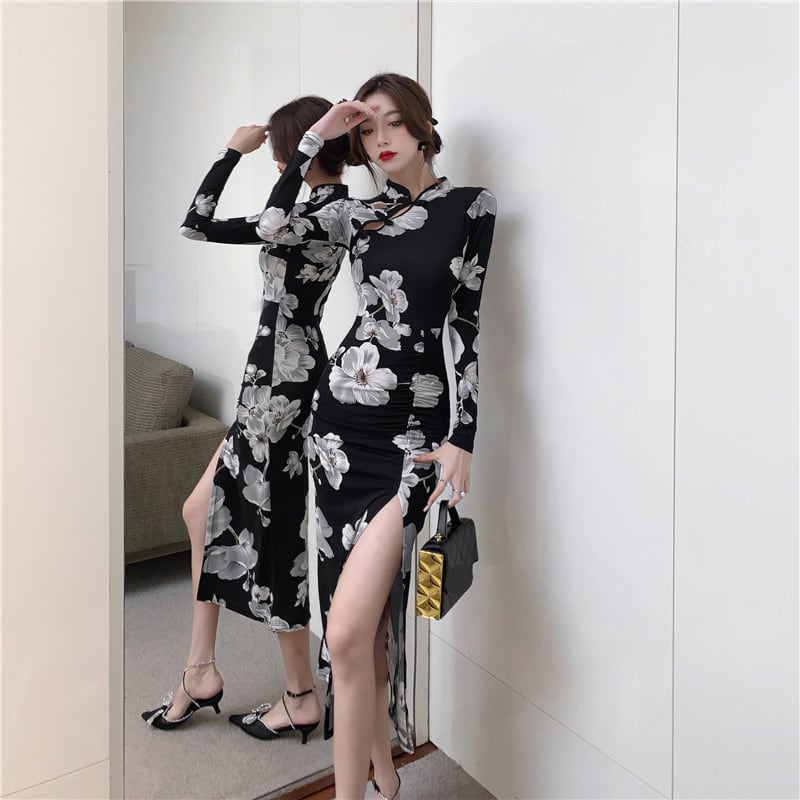 [NANA Series] ★China-style dress★ Improved cheongsam dress, sexy floral pattern, slit, long sleeves