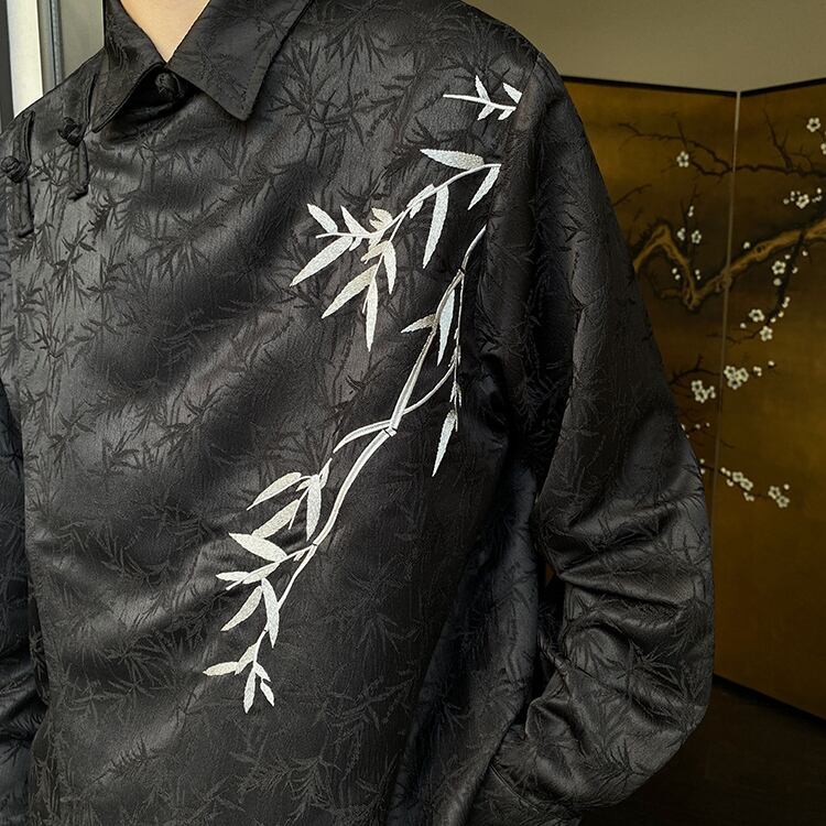 [Illustrated series] ★China style shirt★ 2color tops embroidery bamboo unisex men's black apricot