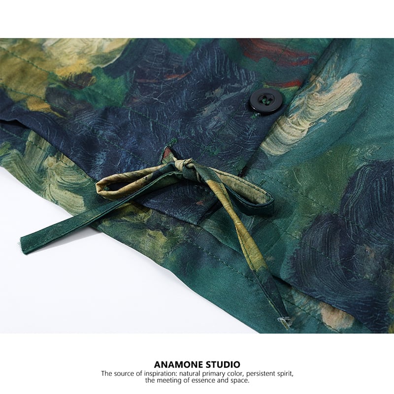 [ANAMONE STUDIO series] ★Floral pattern shirt★ Tops Short sleeve shirt Oil painting style shirt Retro SML Short length Green