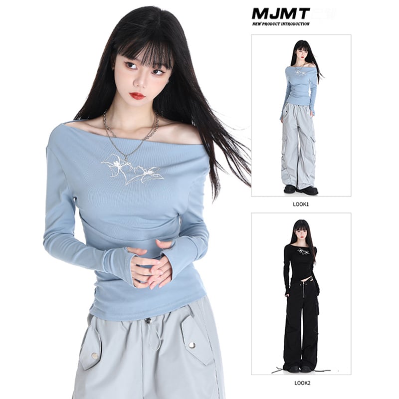 [MJMT Series] ★Tops★ 2color Off-shoulder Sexy Unique Blue Black Slimming Blue Black