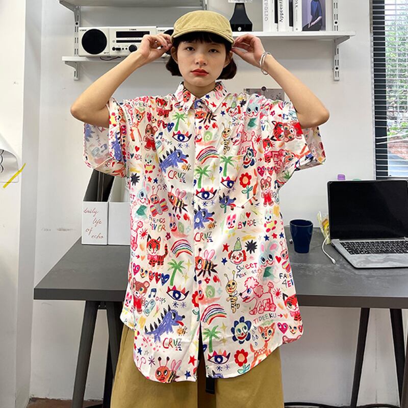 [PMFIVEE Series] ★Short Sleeve Shirt★ Shirt Tops Thin Graffiti Cartoon Print Unisex Men's Cute