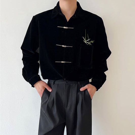 [Illustrated Series]★China Style Shirt★ Tops Bamboo Embroidery Velvet Unisex Men's ML XL Black Black