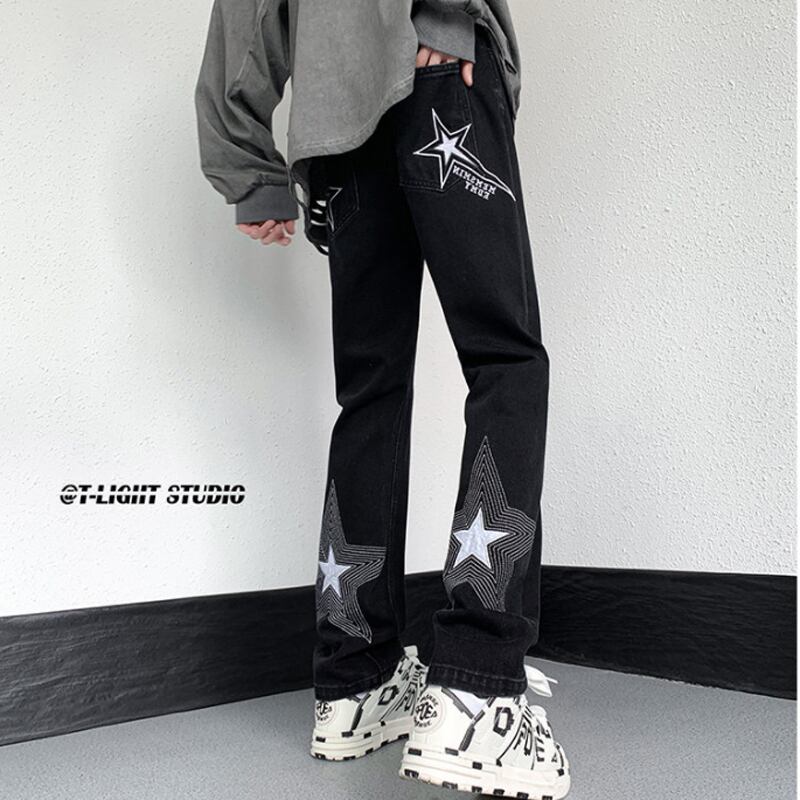 [CHAOMEICHEN Series]★Denim Pants★ 2color Bottoms Pants Unisex Men's Large Size Star Black Blue