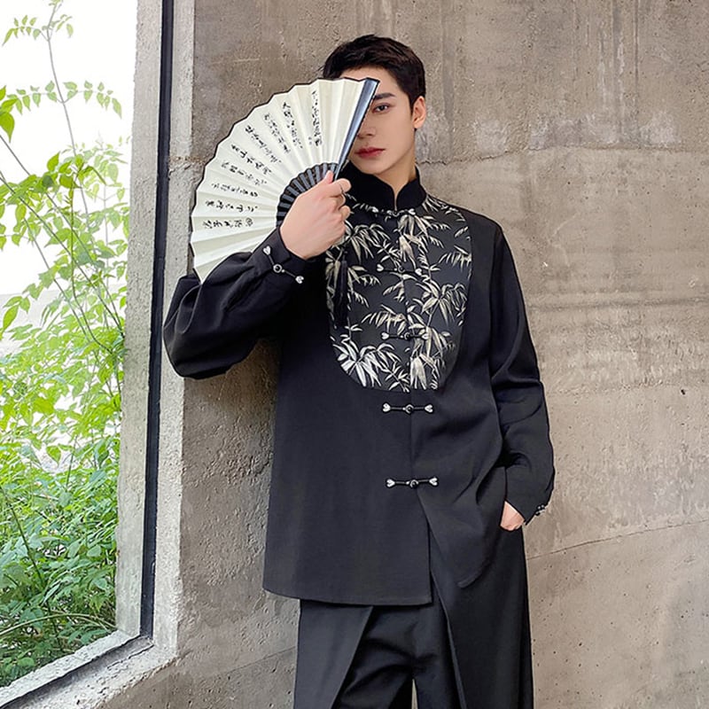 [Illustrated Series]★China Style Shirt★ Tops Unisex Men's Black Bamboo Pattern Switching Chinese Clothes