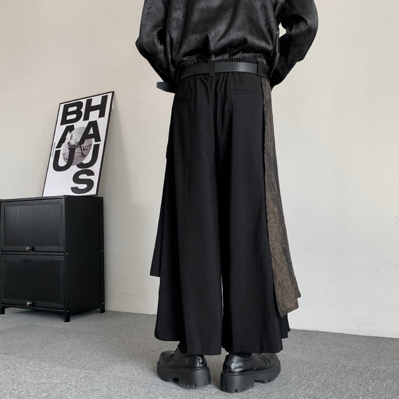 [Illustrated series]★China style trousers★ Gaucho pants, irregular, unisex, men's, nine-quarter length, black, black switching