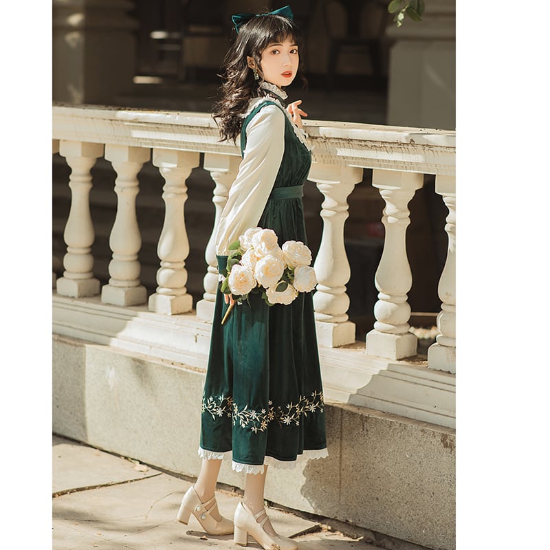 [Nan Kemu Series] ★One Piece★ Long Length Velvet Embroidery Women's Commuting Date Green Green SML XL