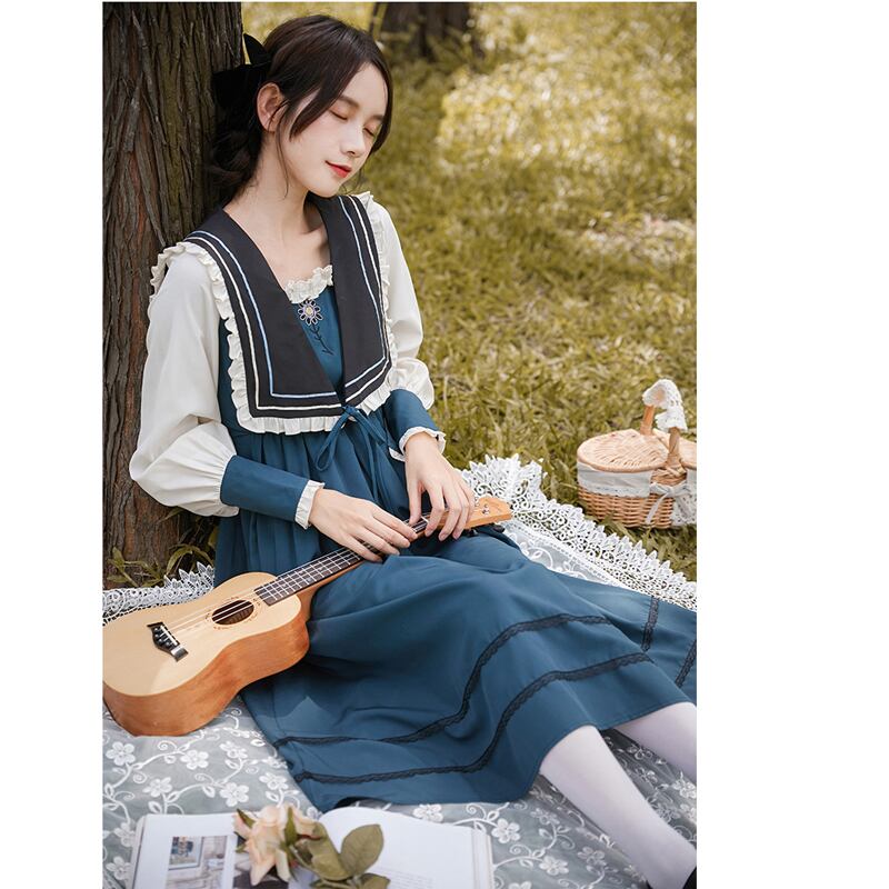 【書槿笙シリーズ】★ロングワンピース★ JK風 セーラー服 配色 可愛い ロリータ 洋服 レトロ ブルー 青い