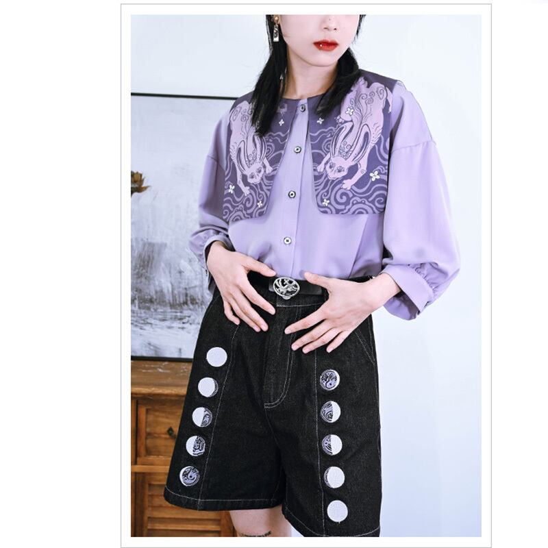 [Kokaisha---Moon phase series]★Denim pants★Shorts bottoms Black, black, retro, easy to match, slimming