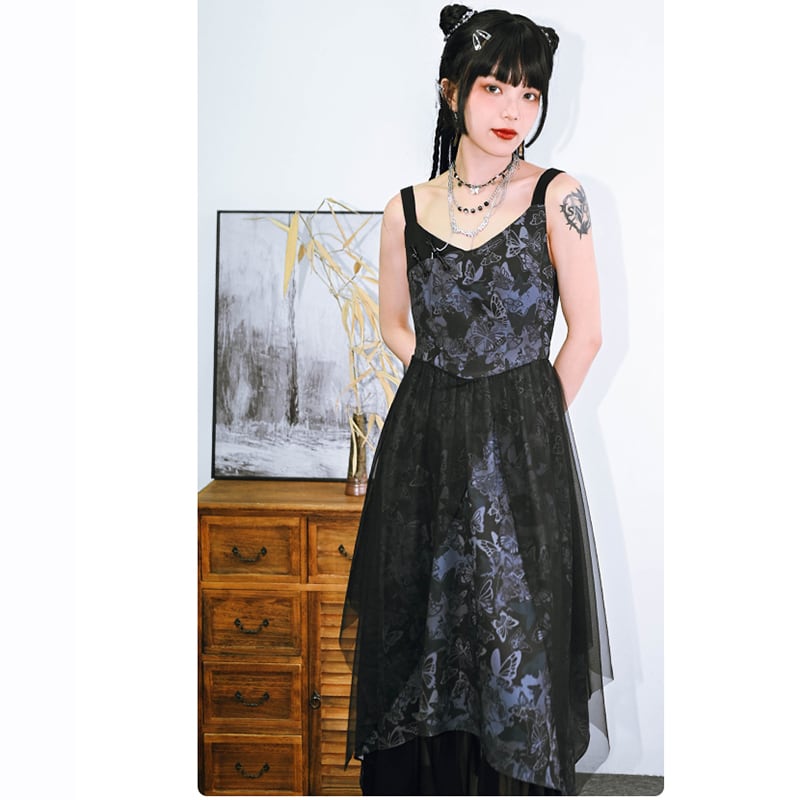 [Ancient monster house --- Butterfly series] ★China style dress★ Hanging dress Butterfly pattern print Long length Cute