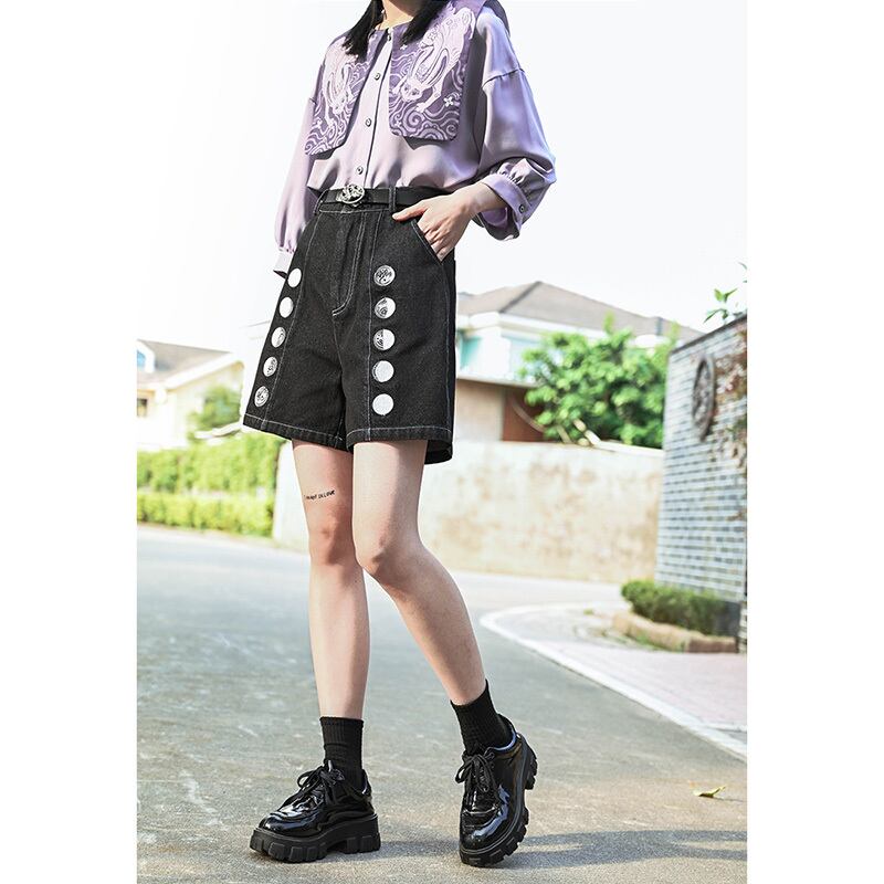 [Kokaisha---Moon phase series]★Denim pants★Shorts bottoms Black, black, retro, easy to match, slimming