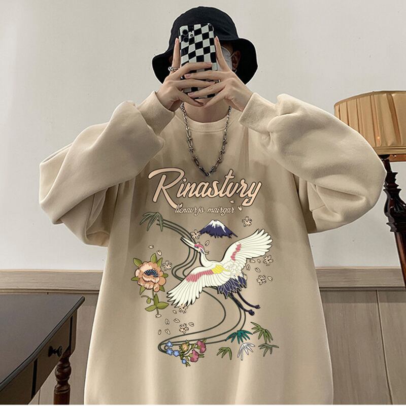 [LUONAI Series]★China style tops★ 6color round neck casual crane crane pattern print unisex men's large size