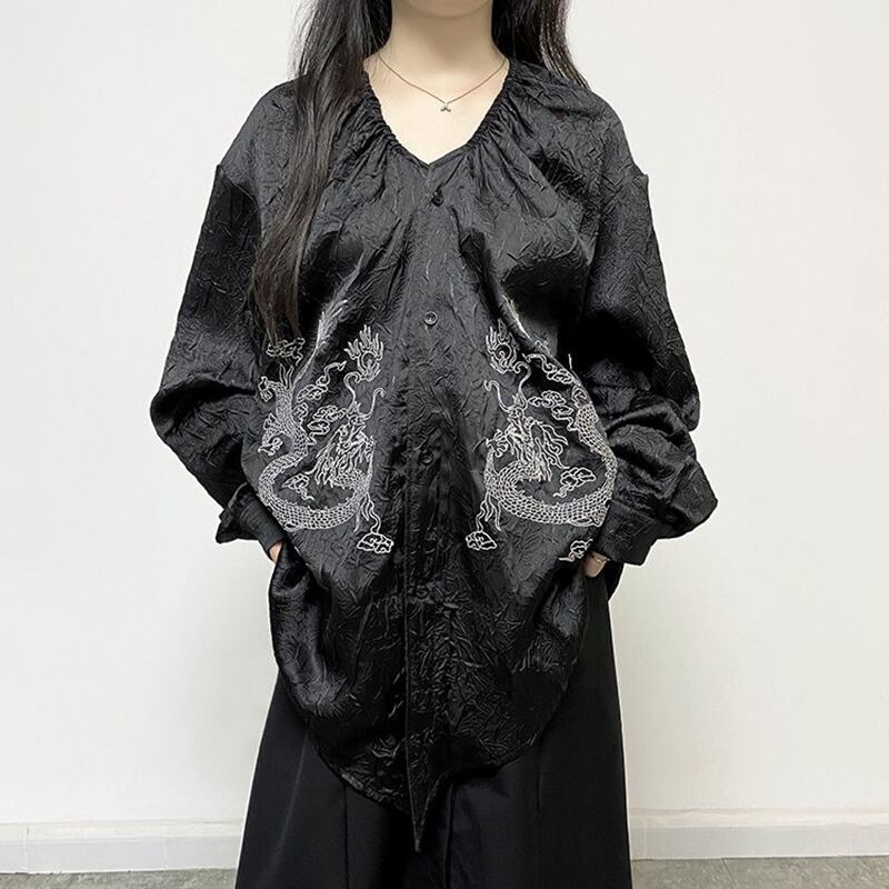 [Illustrated Series]★China Style Shirt★ Tops Dragon Embroidery Fashion Unisex Men's Black Black