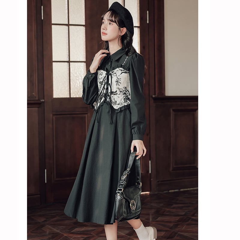 [Shukunsho series] ★China style dress★ 2color fake layered ladies cute retro autumn clothes black coffee color