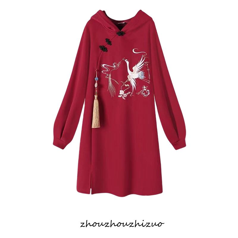 [Only cats are allowed in the series] ★Chinese-style dress★ Hoodie with fleece lining, embroidered crane, red