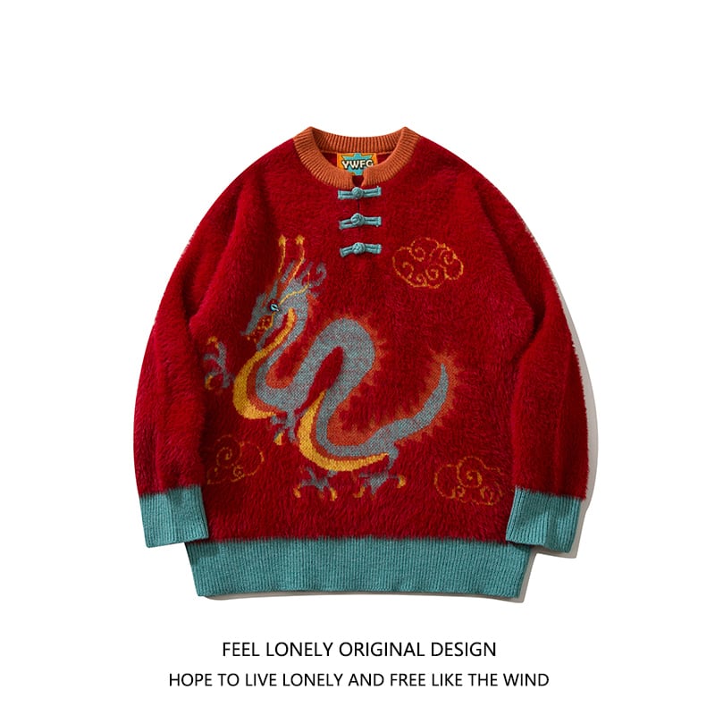 [Feel lonely series]★China style sweater★ 3color knit tops dragon dragon crest unisex men's new year