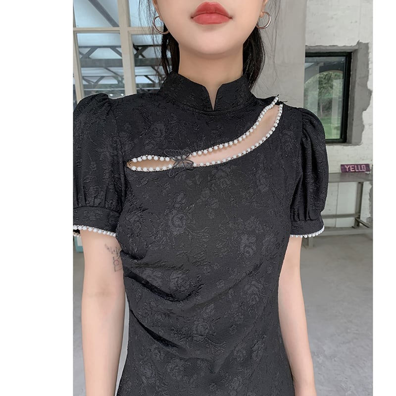 [Hmaimai Series] ★China style dress★ Sexy short sleeve short length cheongsam dress slimming black