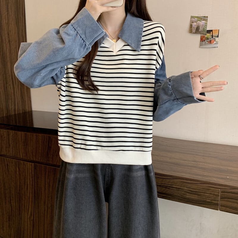 [DUOBAO series]★POLO shirt★ 2color tops, long sleeves, fake layered, slimming, large size, horizontal stripes, striped pattern