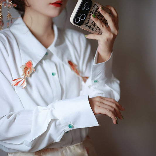 [Big Fish Series]★China Style Shirt★ Tops Goldfish Women's Long Sleeve Shirt Embroidery Large Size White White