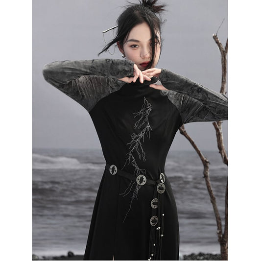 [Da Qinglong Shu Series] ★China-style dress★ Improved cheongsam dress, long sleeve, retro, long length, original, slimming fit