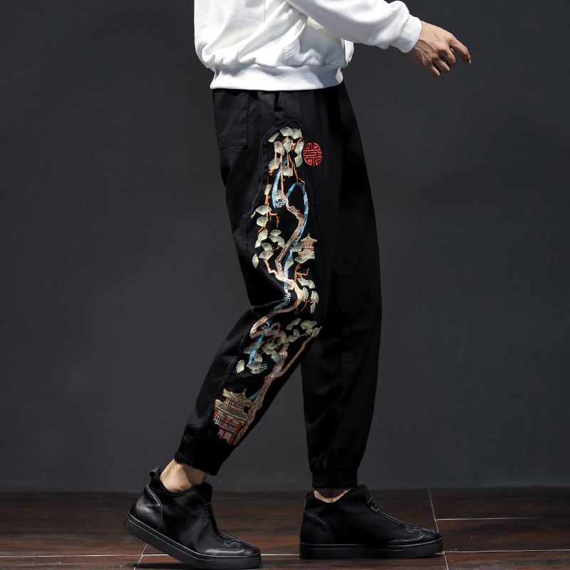 [Small Trouble Series] ★China style pants★ 3 colors Black or green or light brown Embroidery Floral pattern Unisex Large size