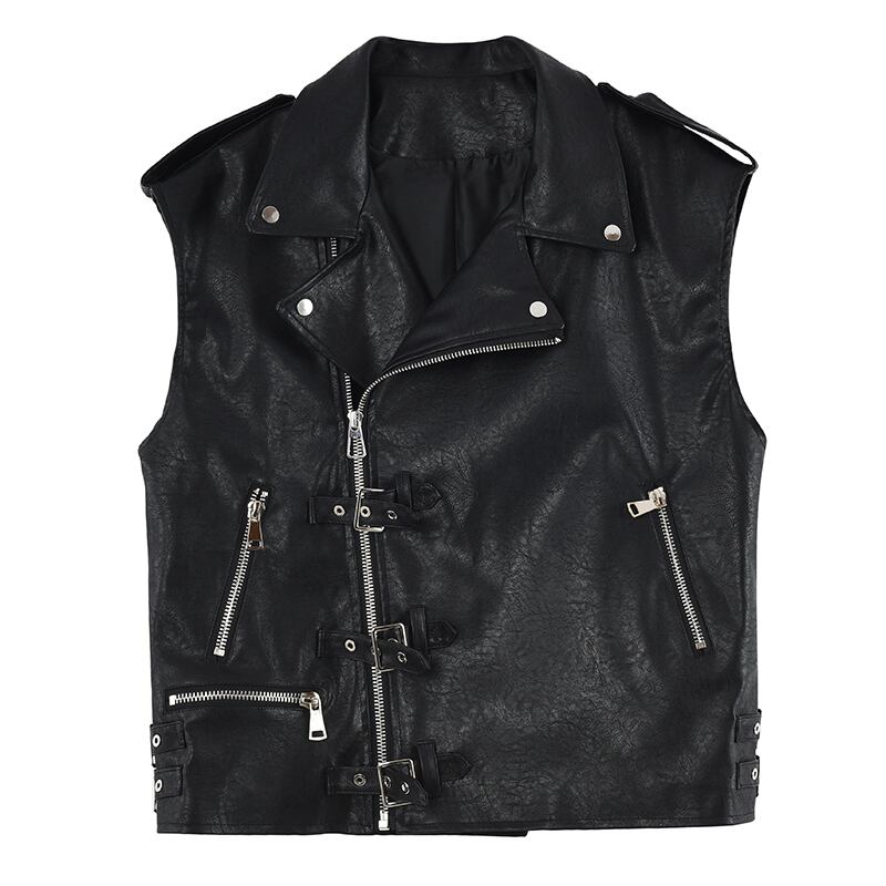 [XIAOQIJIA Series] ★Vest★ Tops Unisex Men's PU Cool V-neck Black Black