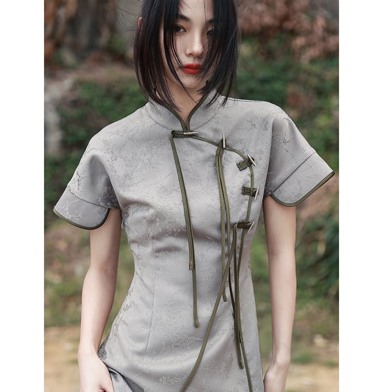 [Da Qinglong Shu Series] ★China style dress★ Improved cheongsam dress Color scheme Improves temperament Long length Silver gray