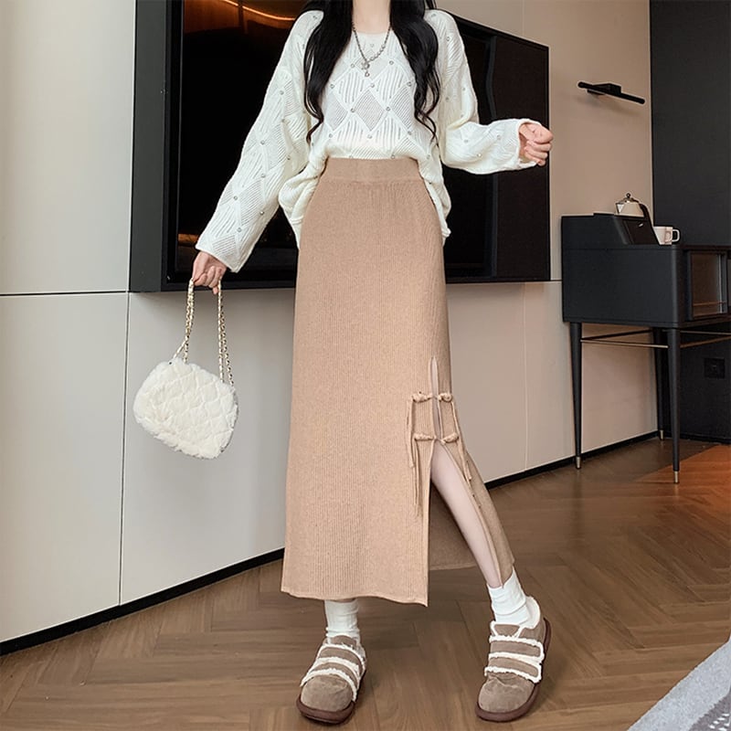 [CHAOSHAN series] ★Knit skirt★ 3color bottoms slit slimming easy to match black beige brown