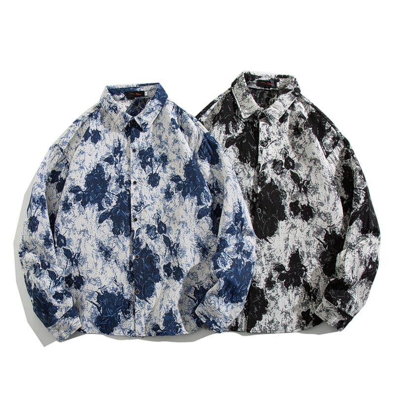 [BOYUE Leeds] ★Retro Shirt★ 2 Color Long Sleeve Shirt Tops Unisex Men's Floral Print Shirt Blue Black