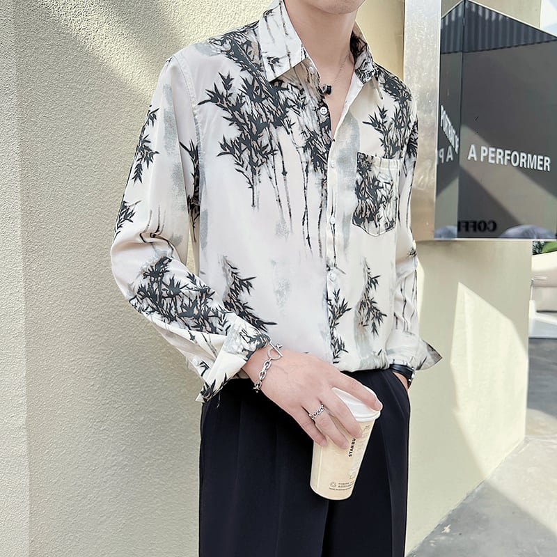 [Illustrated series] ★China style shirt★ Tops, long sleeve shirt, unisex, men's ink pattern, retro, easy to match