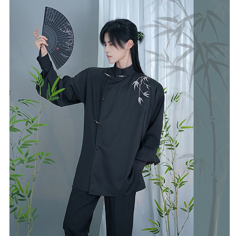 [Kuraho Koya Series]★China-style shirt★China-style tops, long sleeve shirt, bamboo embroidery, unisex, men's black, black